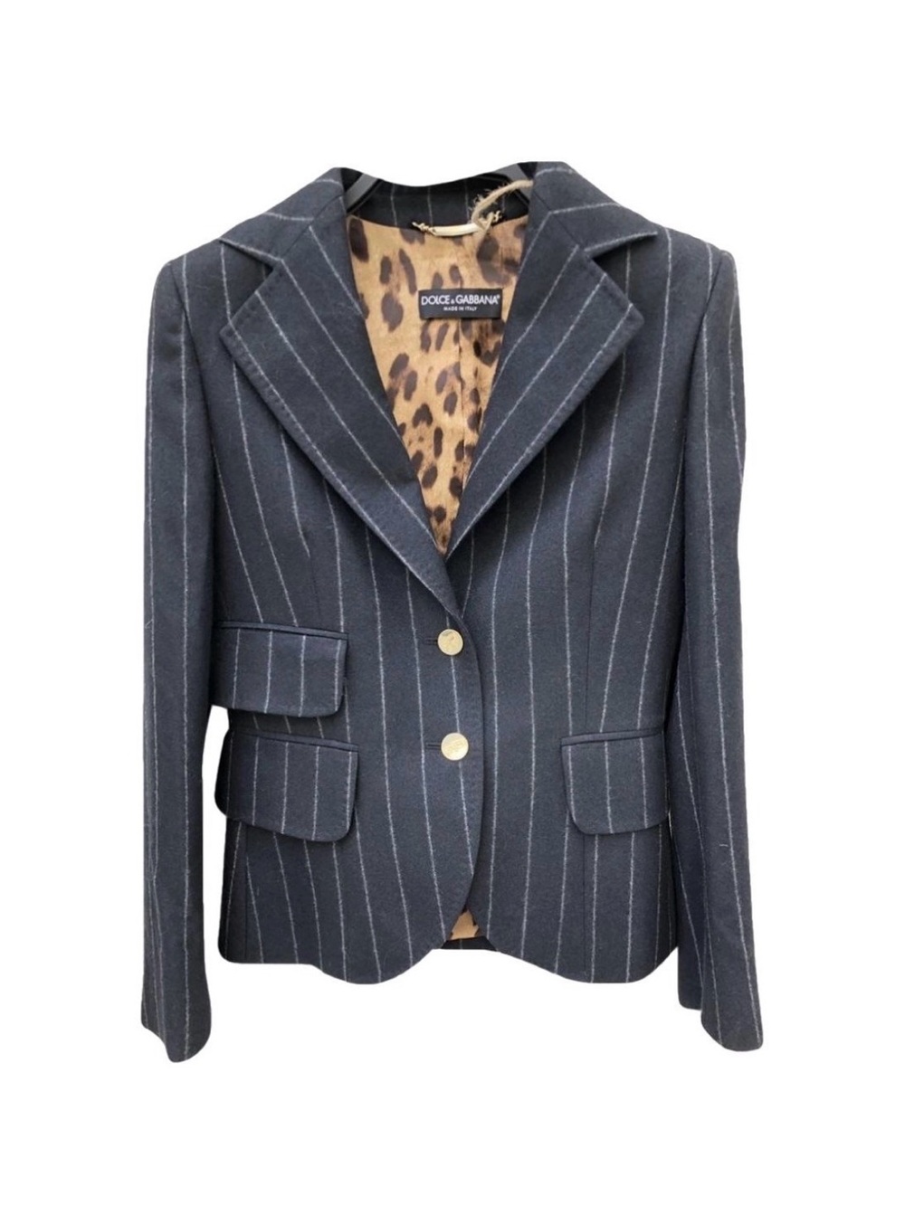 Dolce & Gabbana Navy Pinstripe Blazer with Leopard Lining